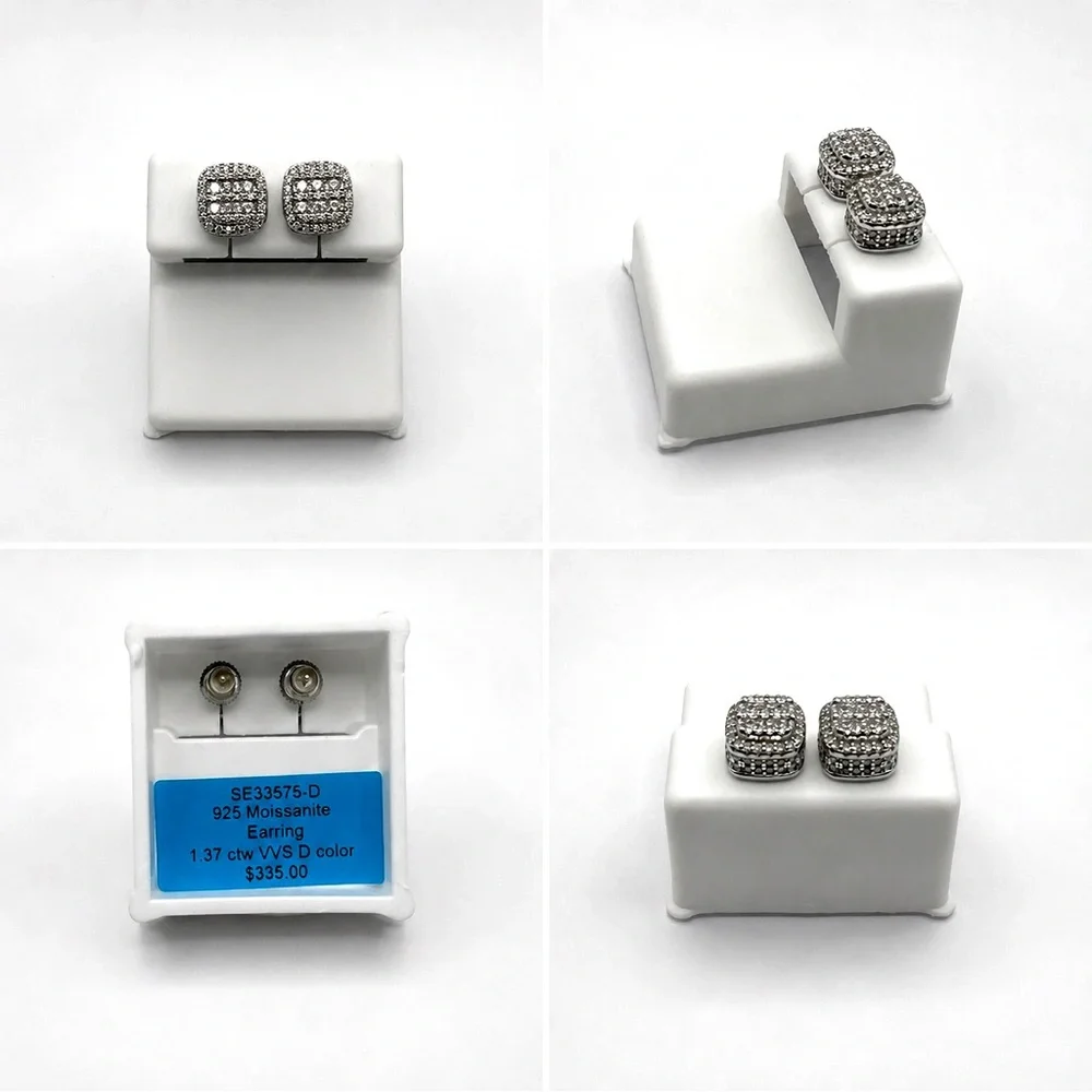 925 Sterling Silver 1.37CT MOISSANITE Pave Square Stud Earrings Screw Back